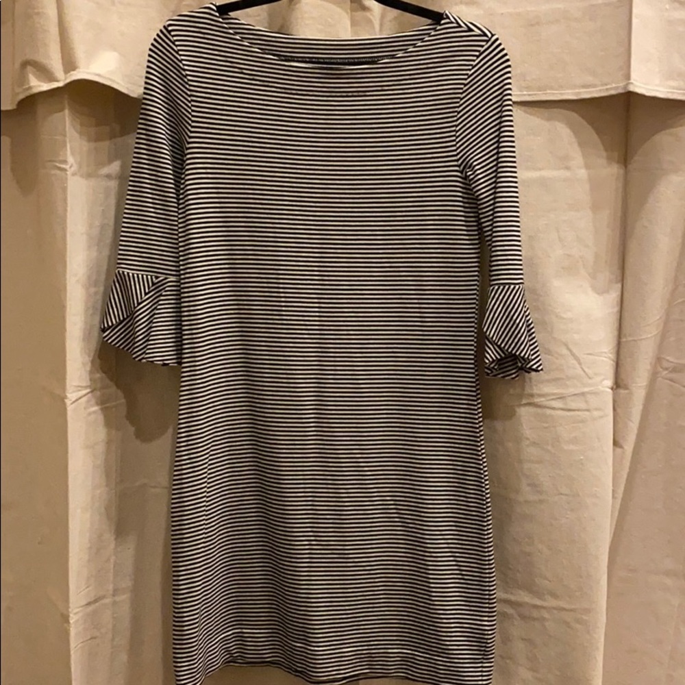Three Dots Striped Dress with tulip ruffle cuffs.